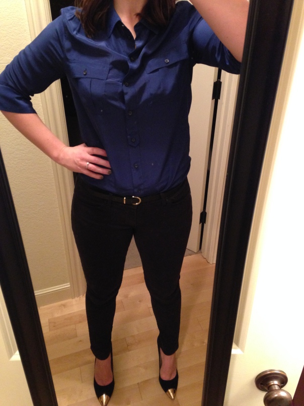 navy button down blouse, black jeans, gold tipped heels